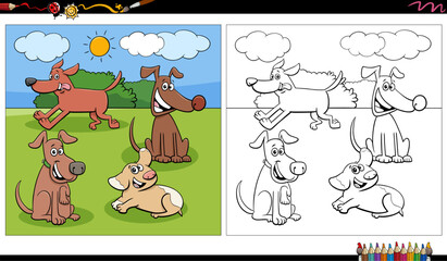 Obraz na płótnie Canvas comic dogs characters group in the park coloring page