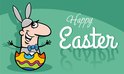 Obraz na płótnie Canvas cartoon man in Easter Bunny costume hatching from egg