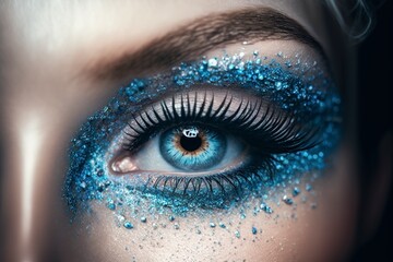 Alluring Close-up of Female Eye with Striking Blue and Silver Glitter, Generative AI