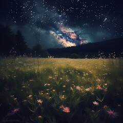 Spring meadow. Starry night sky. Generative AI.