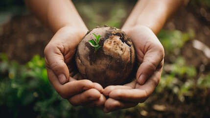 hands holding the planet earth covered in dirt, in a garden environment background. generative AI