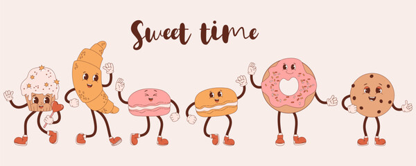 Retro collection characters confectionery. Groovy cute cartoon sweets croissant, cupcake, donut, chocolate chip cookies and macarons. Vector illustration. Isolated food desserts in nostalgic style.