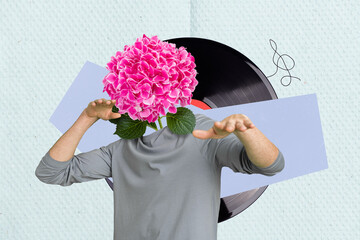 Exclusive magazine picture sketch collage image of cool funky guy flower instead head dancing having fun isolated painting background