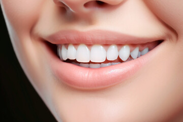 Obraz premium Close up woman detail healthy white teeth, beige lipstick. Generative AI