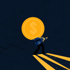 Business man carrying big golden coin on back with effort symbolizing financial difficulties. Art...