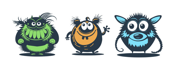 Vector set of funny colored cartoon kind little smiling monsters. White isolated background.