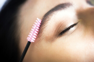 master directs the growth of hairs in eyebrows of young woman in beauty salon