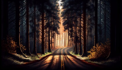 Foggy Straight road in forest. Beautiful landscape illustration.