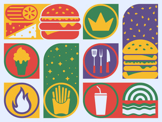 Delicious burger, hand drawn vector graphic drawing, retro style. Creative geometric and iconic hamburger design are perfect for promoting our fast food restaurant poster, banner, wallpaper, flyer.