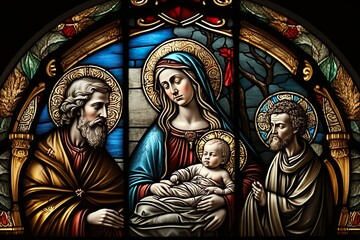 bible stories Nativity birth of Jesus Christ stained glass window ,generative Ai