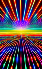 Colorful light trails in multi-colored straight lines appear to cross land and sky and converge on the horizon. Generative AI illustration