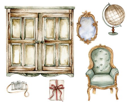 Hand drawn watercolor vintage style cupboard and home stuff. 
 Isolated furniture for interior. Vintage interior background with furniture interior decor scene. Farmhouse kitchen, cottage illustration