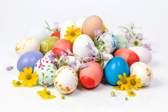 Easter egg , Cute adorable Easter eggs background. Group of colorful eggs and spring flowers