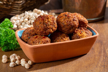Cooking of healthy vegetarian food, tasty chick pea falafels