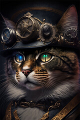 Steampunk Katze, realistische Katze verkleidet, Portrait von einer Katze im Steampunk Stil, Close up Steampunk Cat mit Zylinder oder Brille, brillante Farben K&auml;tzchen 
