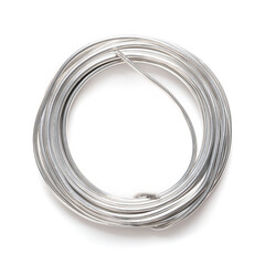 Rolled up soft solder wire. Fusible metal alloy with 60 percent tin, used to create a permanent bond between metal workpieces and for electrical connections. Close up, from above, on white background.