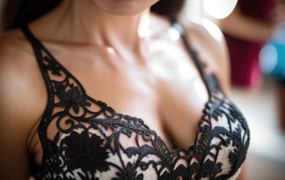 Black Lace Bra : A Close-up of a Stunning Bra Adorning a Young Woman's Gorgeous Breasts , Emphasizing Her Feminine Beauty and Confidence, Radiating under the Warmth of a Sunlit Day. Generative AI