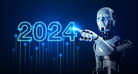 Obraz na płótnie Canvas 3d rendering AI robot humanoid touching on 2024 calendar year number, glowing on dark blue background. Happy new year, Business growth and technology development with artificial intelligence.
