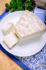 Piece of french soft-ripened white mold cow milk cheese brie produced in Seine-et-Marne region, France