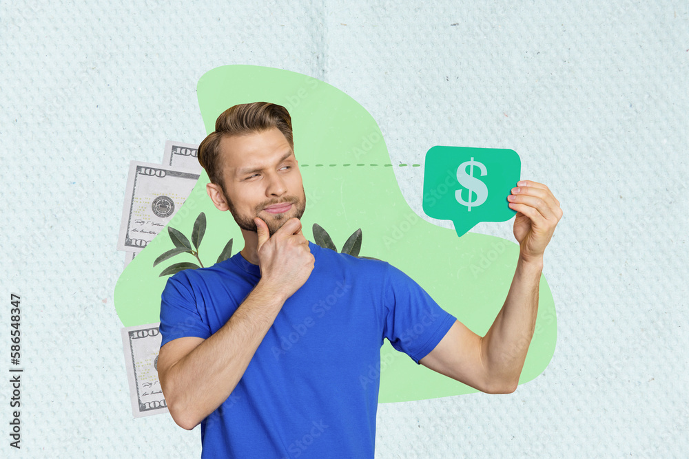 Aufkleber creative abstract template graphics collage image of smart thoughtful guy creating money profit plan