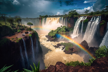 The dramatic waterfalls and misty rainforests of Iguazu Falls, Argentina and Brazil, with rainbow - Generative AI