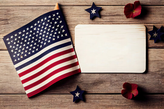 Happy memorial day concept made from vintage american flag on white wooden background. Generative Ai