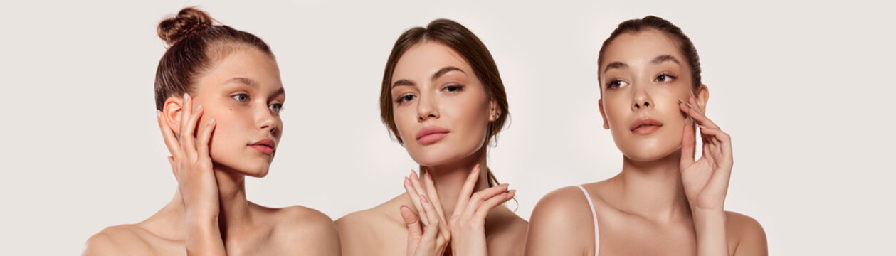 Beautiful, young women with healthy, well-kept skin against grey background. Facebuilding. Aging. Collage. Concept of natural beauty, plastic surgery, cosmetology, cosmetics, skin care