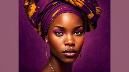 Beautiful young woman wearing traditional African head wrap on violet background.