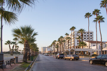 Naklejka premium Beautiful view of the main street of Larnaca and Phinikoudes beach in Cyprus