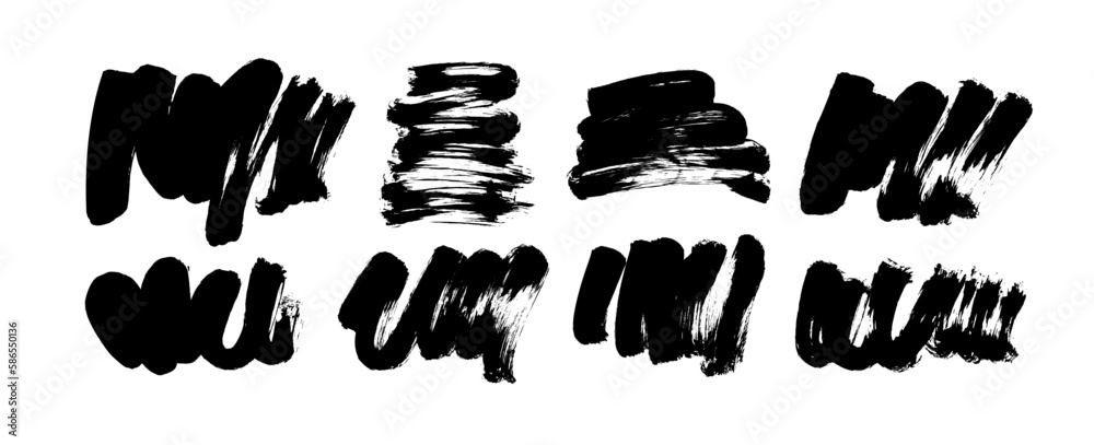 Poster hand drawn vector brush strokes. collection of grunge black shapes. calligraphy smears with curved l