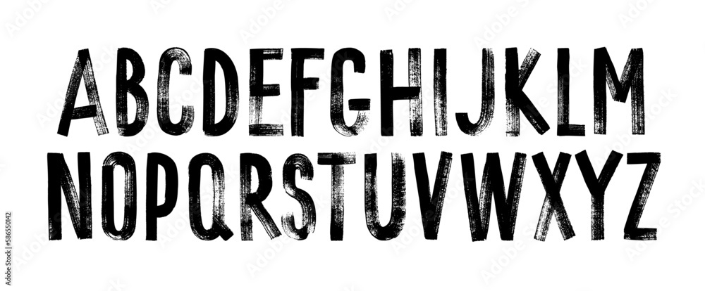 Aufkleber Grunge alphabet with capital letters. Dirty textured vector font. Typographic distressed font with dry brush strokes. Hand drawn characters with a rough inked texture. Uppercase letters.
