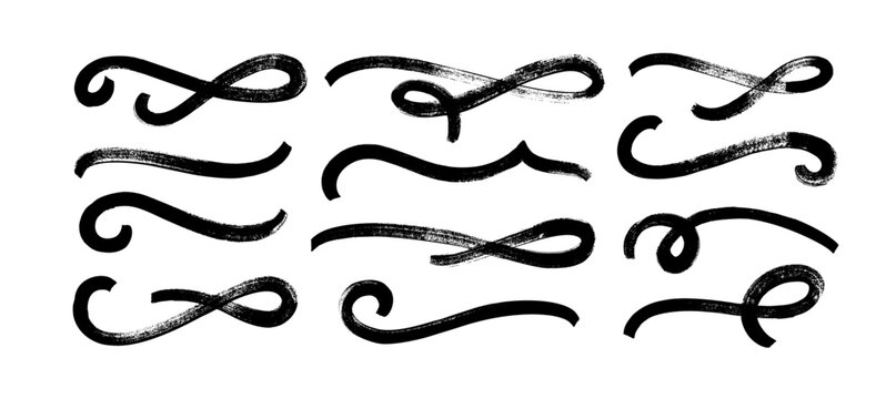 Hand drawn curly swishes and bold swashes. Brush drawn thick curved smears. Vector calligraphy grunge swirls. Underlined text tails. Black paint wavy lines, curved strokes. Grunge typography elements.