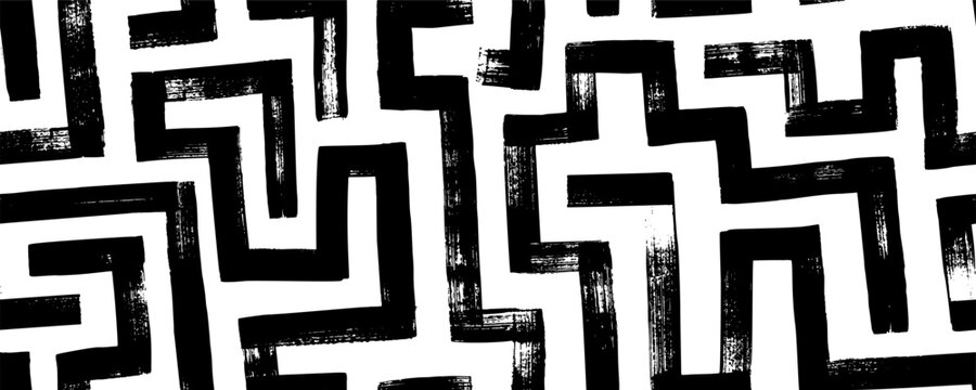 Abstract labyrinth seamless pattern. Hand drawn geometric maze vector background. Square grunge monochrome brush strokes. Maze lines ornament. Black and white tech texture. Geometric motives.