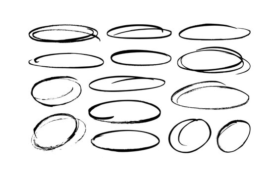 Set of hand drawn doodle ellipses. Scribble ovals and bubbles to circle and highlight text. Collection of different brush drawn black circles. Marker round elements isolated on white background.
