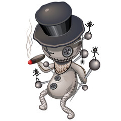 Voodoo Doll Funny Dancing Character with Black little Evil Spirits and Stings all over its body Vector Illustration isolated on white 