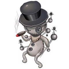 Fotobehang Draw Voodoo Doll Funny Dancing Character with Black little Evil Spirits and Stings all over its body Vector Illustration isolated on white 