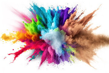 Powder Paint Explosion of Rainbow Multi-colored on isolated cutout White Background in Celebration of Holi Festival Expressive Joy