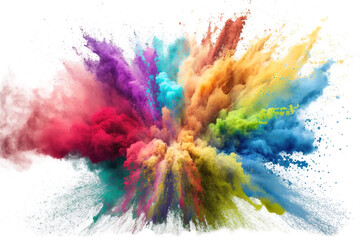 Powder Paint Explosion of Rainbow Multi-colored on isolated cutout White Background in Celebration of Holi Festival Expressive Joy