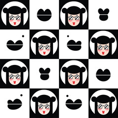 Seamless black and white kitsch modular repeating seamless pattern girl with star shaped glasses