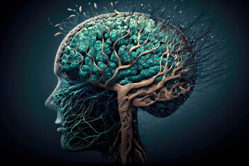 Symbol of memory loss due to dementia, alzheimer. Illustration of a human head with a brain made of withered falling autumn leaves. Brain degeneration concept. Decreased mind function. Generative ai.