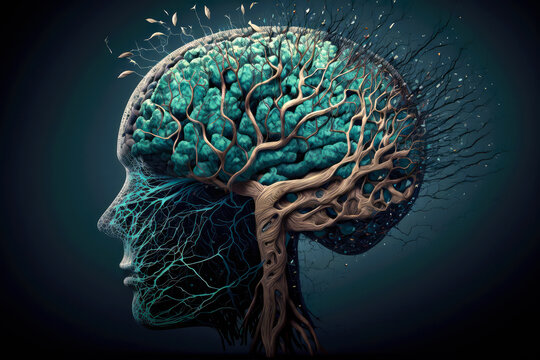 Symbol of memory loss due to dementia, alzheimer. Illustration of a human head with a brain made of withered falling autumn leaves. Brain degeneration concept. Decreased mind function. Generative ai.