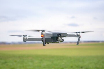 A flying drone against a cloudy sky in cloudy weather takes pictures of the surface of the earth.