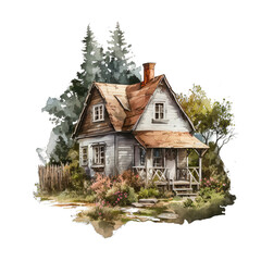 Vintage Brick Farmhouse Watercolor Transparent Image. Generative AI