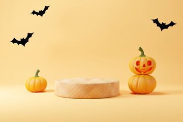 Halloween background with wooden podium for product display.