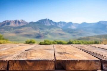 Holztisch vor grüner Berglandschaft, made by Ai, Ai-Art