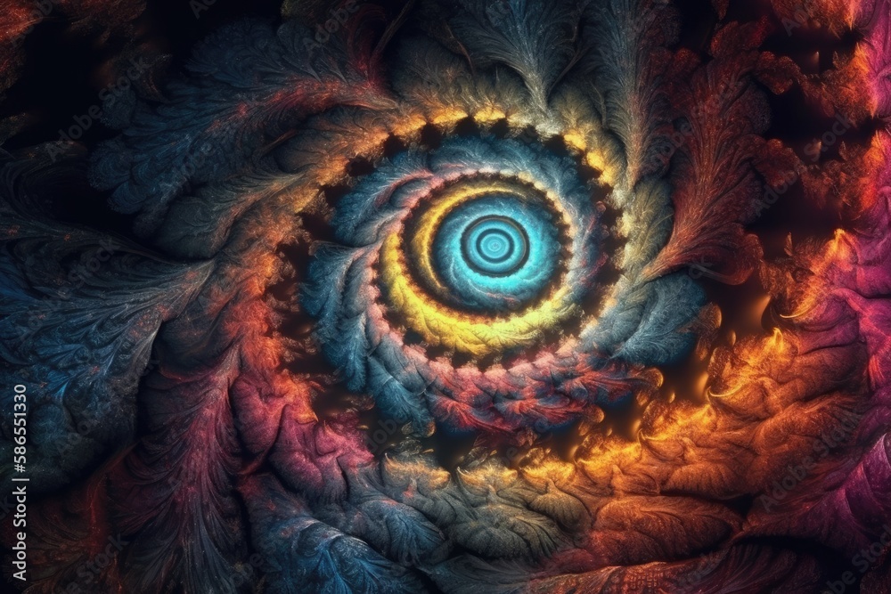 Poster spiral shaped object with vibrant colors and abstract patterns. generative ai