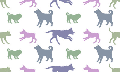Seamless pattern. Silhouette dogs different breeds in various poses. Isolated on a white background. Endless texture. Design for fabric, decor, wallpaper. Vector illustration.