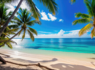 Fototapeta na wymiar tropical beach with palm trees and sea background