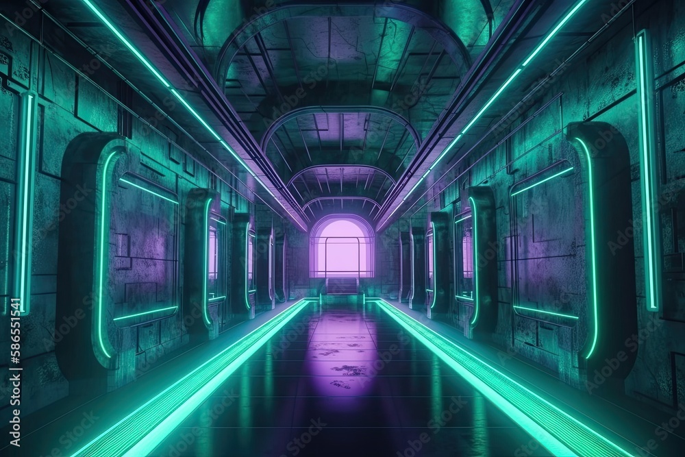 Poster futuristic neon-lit tunnel with a long hallway. Generative AI