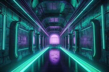 Fototapeta premium futuristic neon-lit tunnel with a long hallway. Generative AI